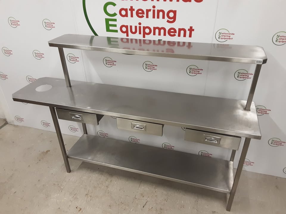 Stainless Steel Table With Three Drawers, Bin Hole To Left and Shelf Above (NCE5088)