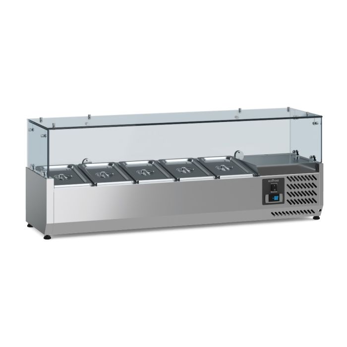 Ecofrost Tabletop Toppings Fridge With Glass Surround, For 5x 1/4GN Pans/120cm. Model-7950.5115. Delivery Included