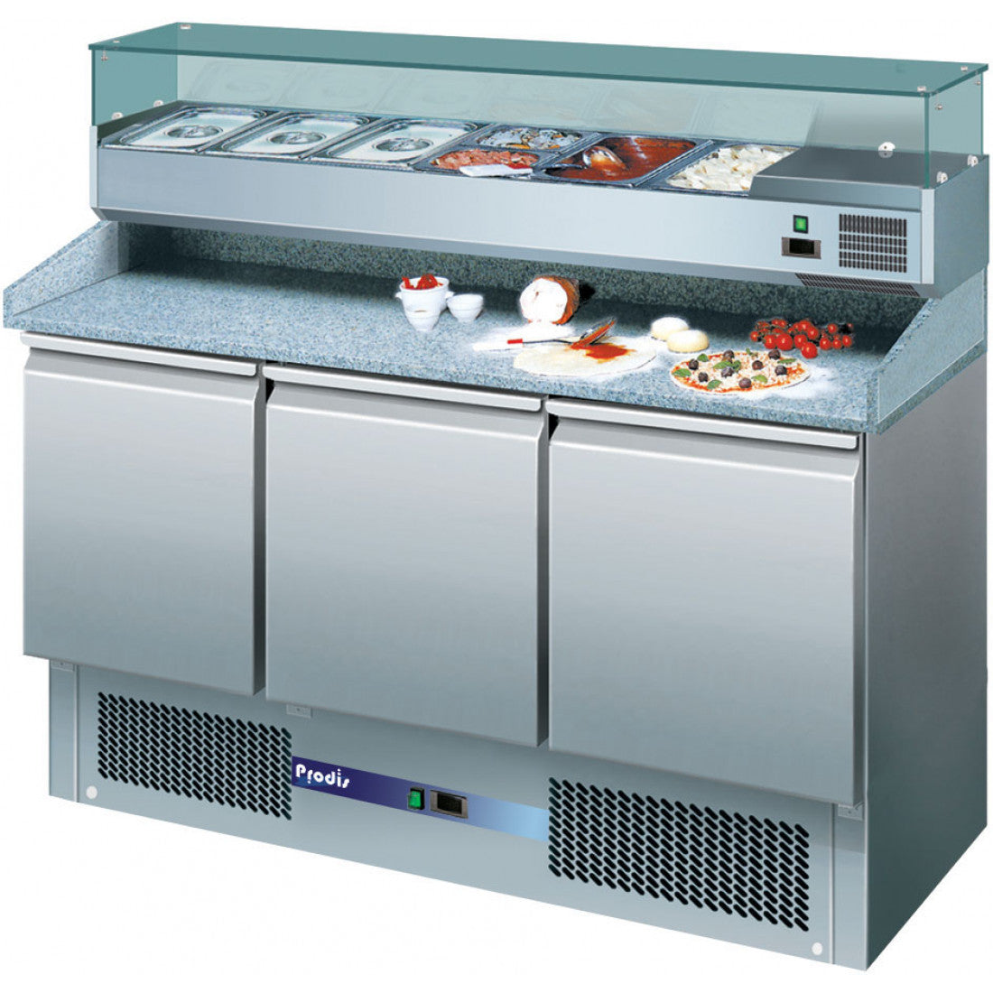 Prodis Three Door Granite Counter Fridge With Topping Unit Above, Model-EC-3PIZZA. Delivery Included