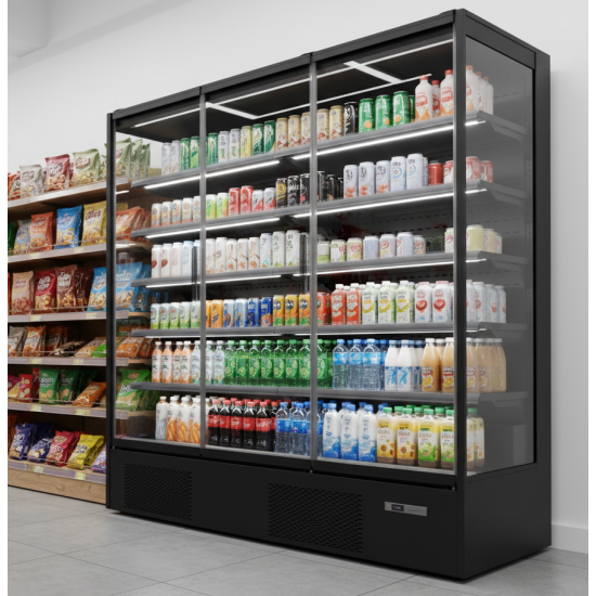 Prodis 194cm/Three Door Panoramic Frameless Glass Door Multideck - Black, Model- XMD1875-P-FGD-K. Delivery Included