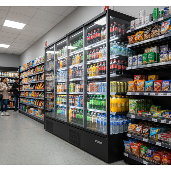 Prodis 256cm/Four Door Panoramic Frameless Glass Door Multideck -Black, Model- XMD2500-P-FGD-K. Delivery Included