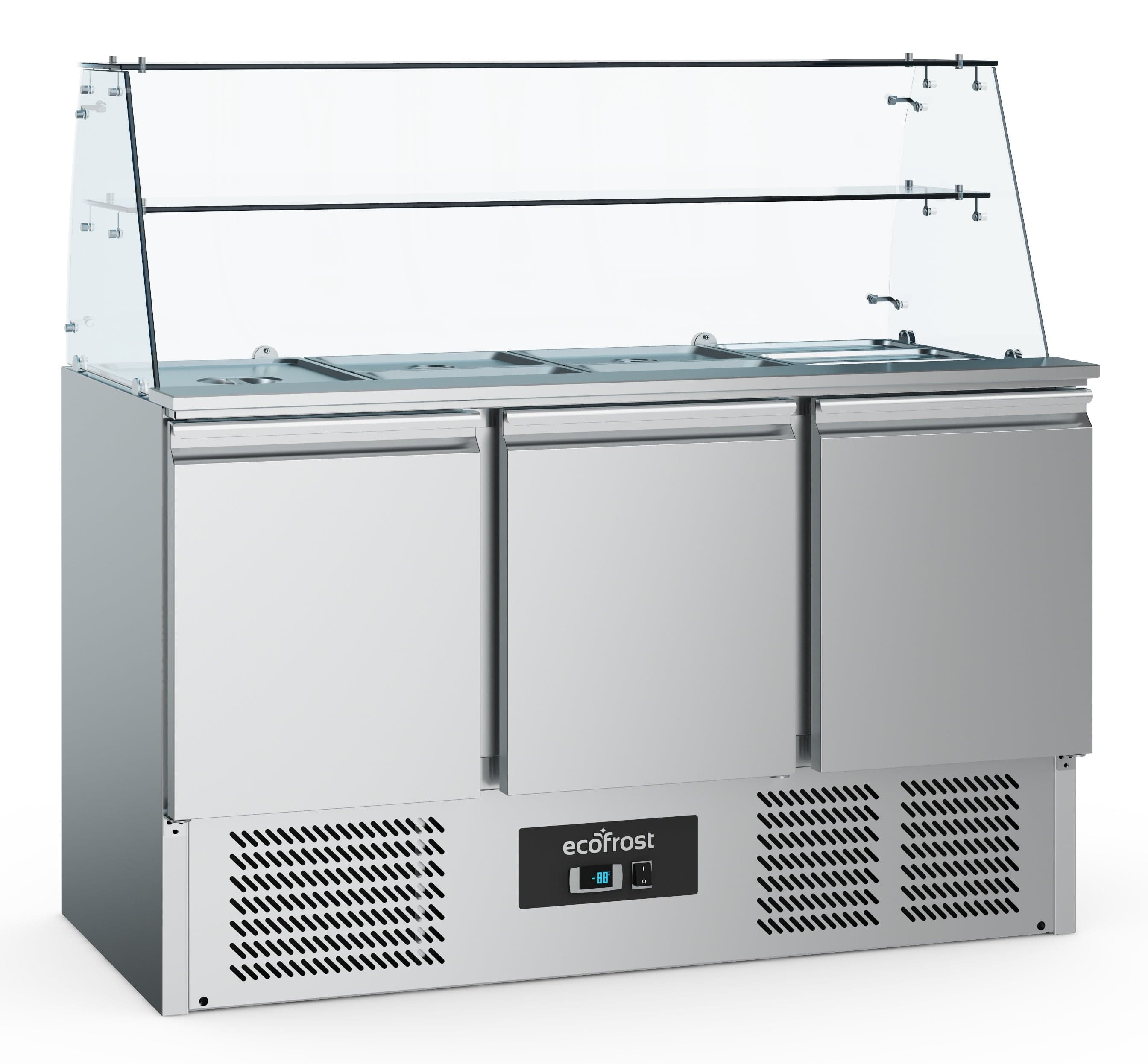 Ecofrost Three Door Saladette Fridge With Glass Cover, 137cm. Model- 7950.5110. Delivery Included