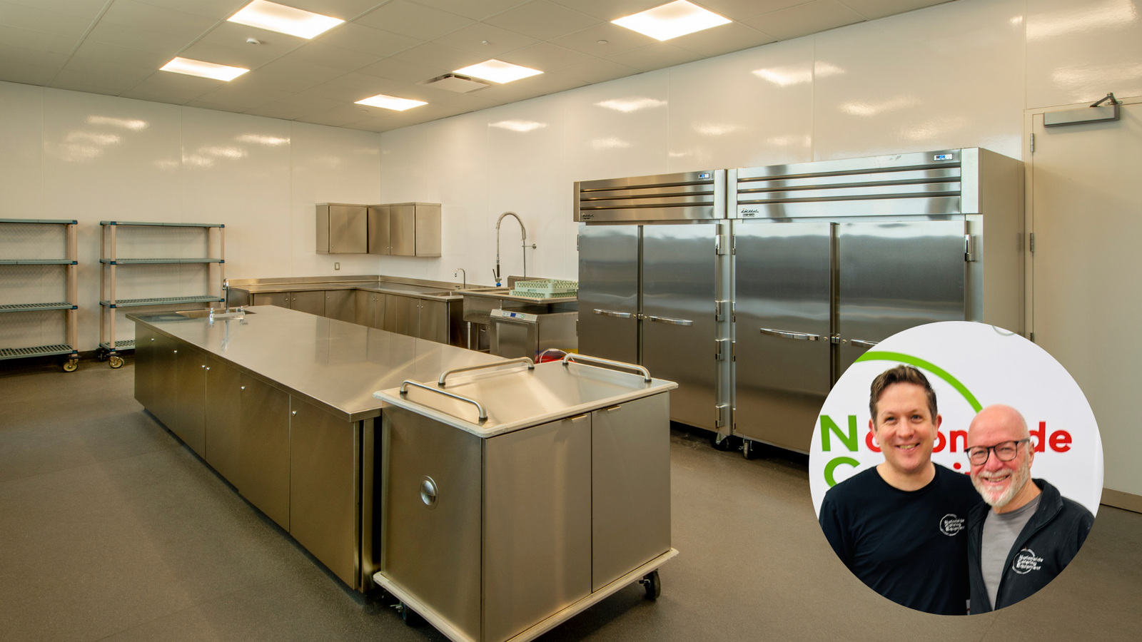 Commercial fridge and freezer units in a stainless steel catering kitchen, Nationwide Catering buying guide.