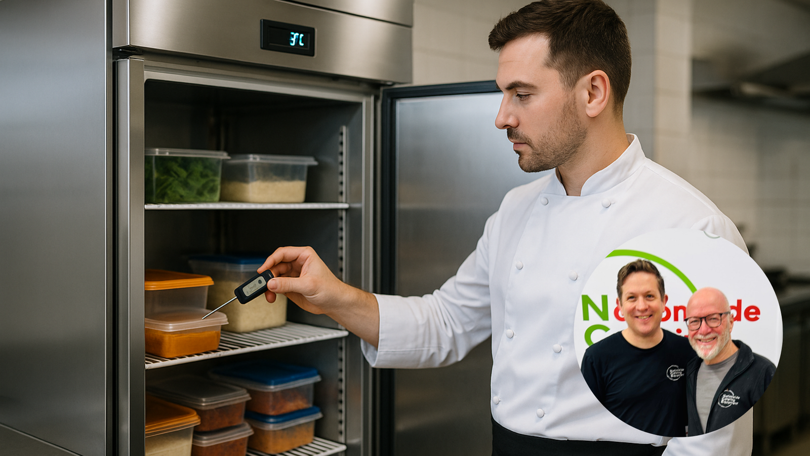 chef in a modern commercial kitchen checking the temperature of a stainless steel double-door fridge with a digital thermometer reading 3°C, demonstrating correct commercial fridge temperature settings in the UK