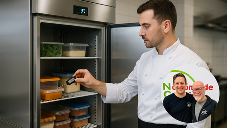 chef in a modern commercial kitchen checking the temperature of a stainless steel double-door fridge with a digital thermometer reading 3°C, demonstrating correct commercial fridge temperature settings in the UK