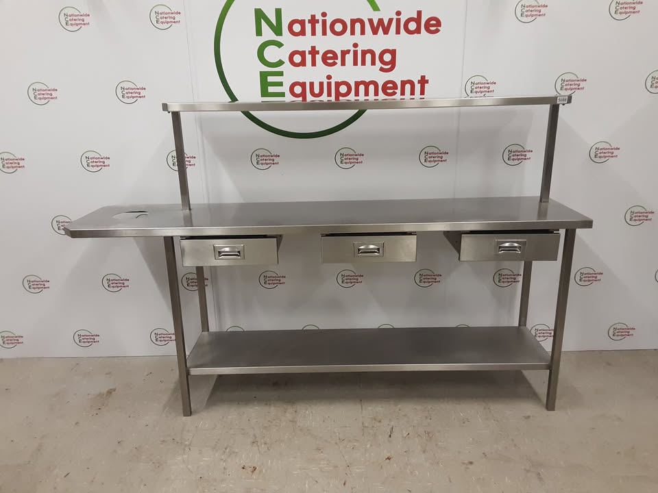 Stainless Steel Table With Three Drawers, Bin Hole To Left and Shelf Above (NCE5088)