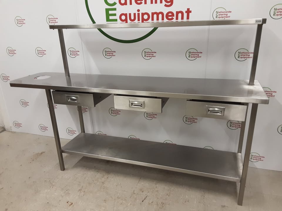 Stainless Steel Table With Three Drawers, Bin Hole To Left and Shelf Above (NCE5088)