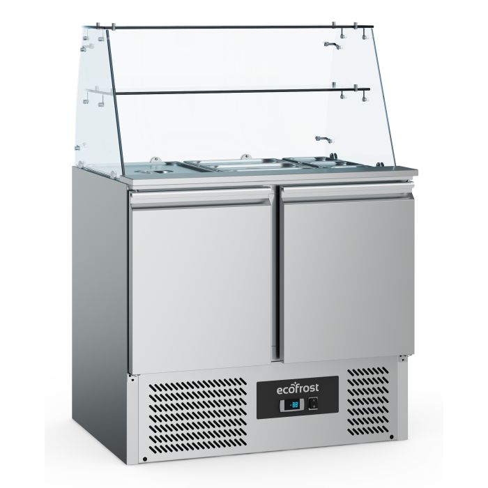 Ecofrost Two Door Saladette Fridge With Glass Cover, 90cm. Model- 7950.5105. Delivery Included