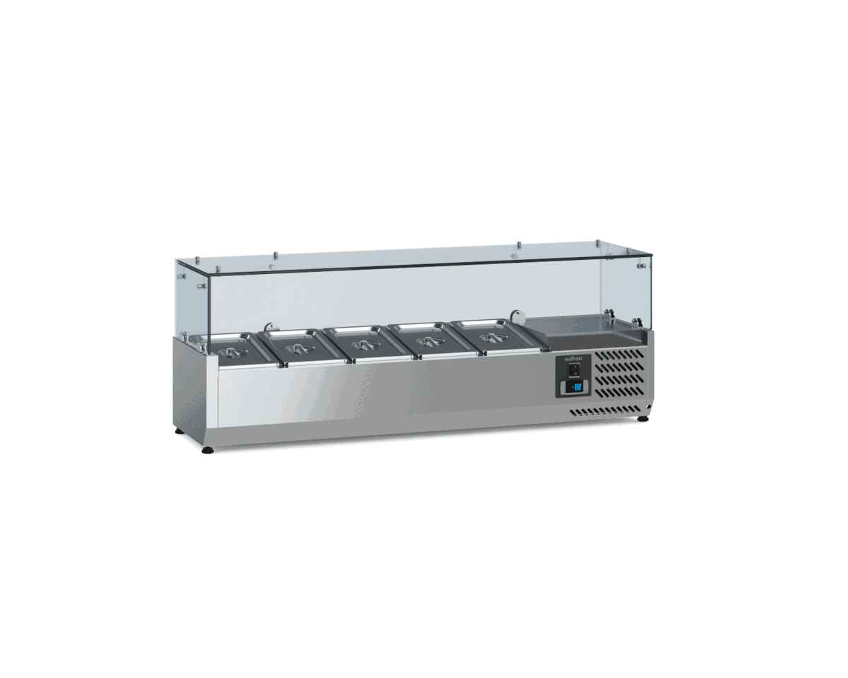 Ecofrost Tabletop Toppings Fridge With Glass Surround, For 5x 1/4GN Pans/120cm. Model-7950.5115. Delivery Included