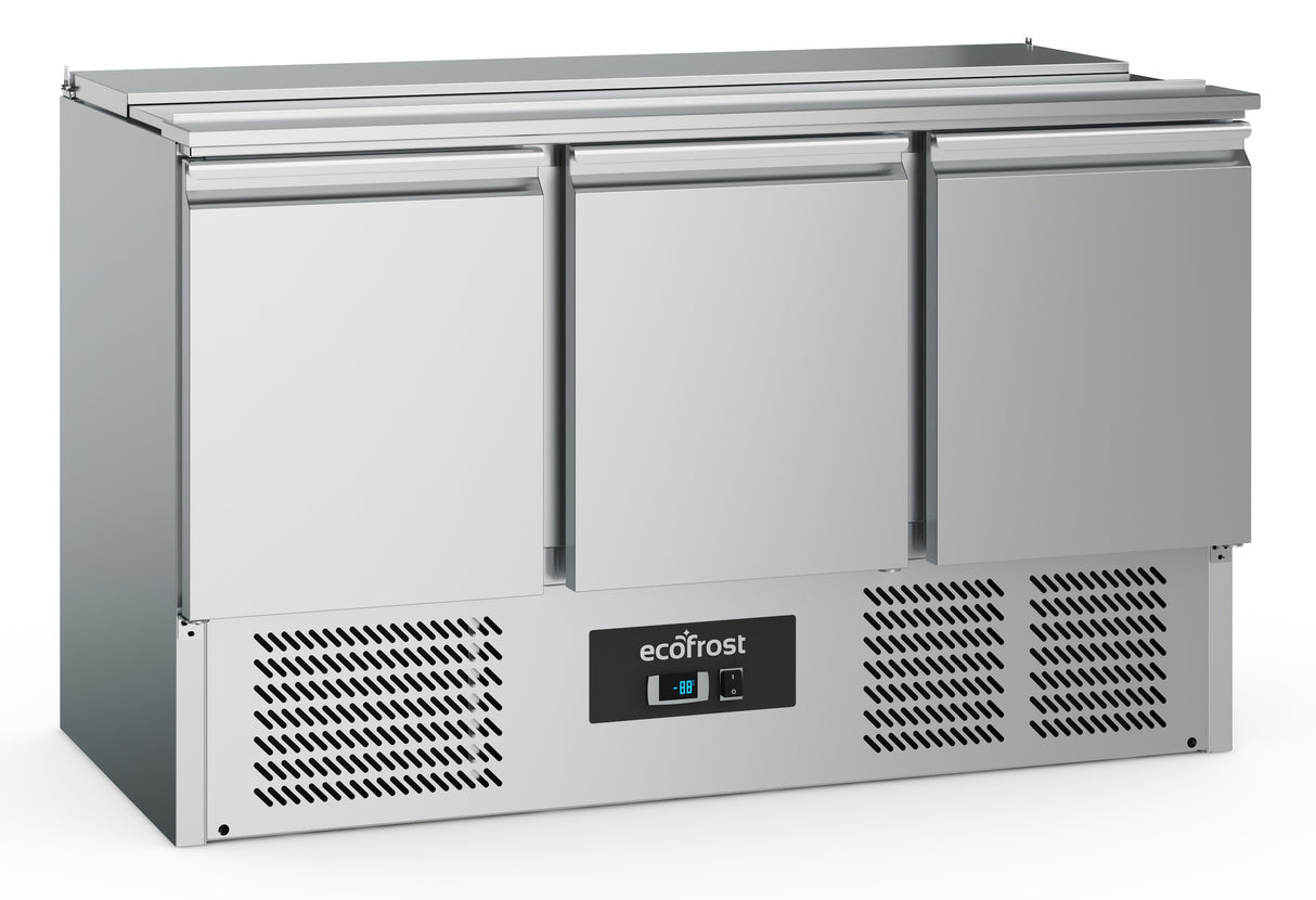 Ecofrost Three Door Saladette Counter Fridge- Space for 4x1/1GN, 137cm. Delivery Included