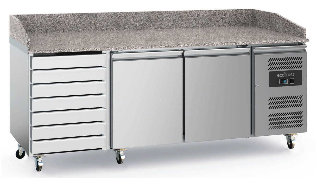 Ecofrost Two Door/Seven Drawer Granite Worktop Pizza Counter Fridge On Wheels, 202cm. Delivery Included