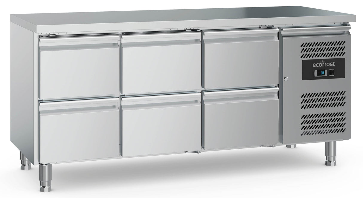 Ecofrost Six Drawer Counter Fridge, Adjustable Feet, 60cm Depth, 180cm Length. Delivery Included