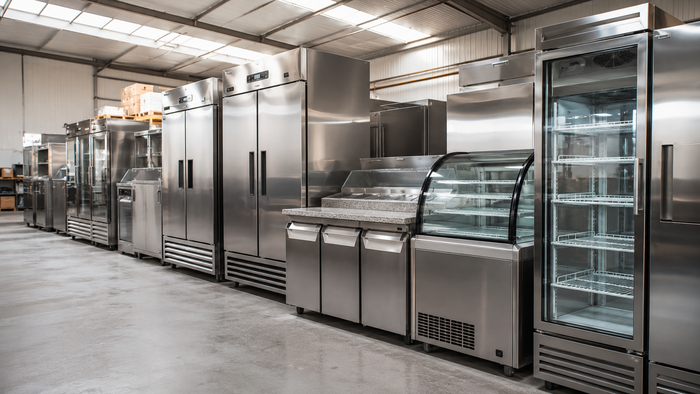 Commercial catering refrigeration equipment illustration featuring a stainless steel upright fridge, undercounter fridge, pizza prep counter, deli display fridge, bottle cooler and blast chiller on a clean neutral background. Wide panoramic banner for UK restaurant, café and commercial kitchen equipment guides.